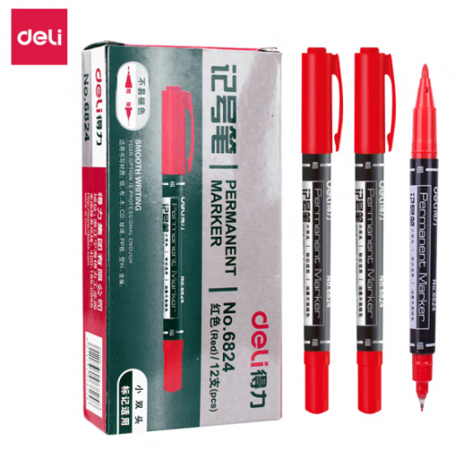 马克笔 得力（deli）6824 红色双头多用油性记号笔签字笔 勾线笔会议笔马克笔 红色12支/盒装